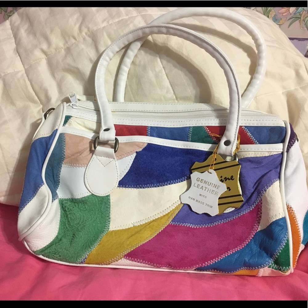 White base colored patched Leather hand cross body bag